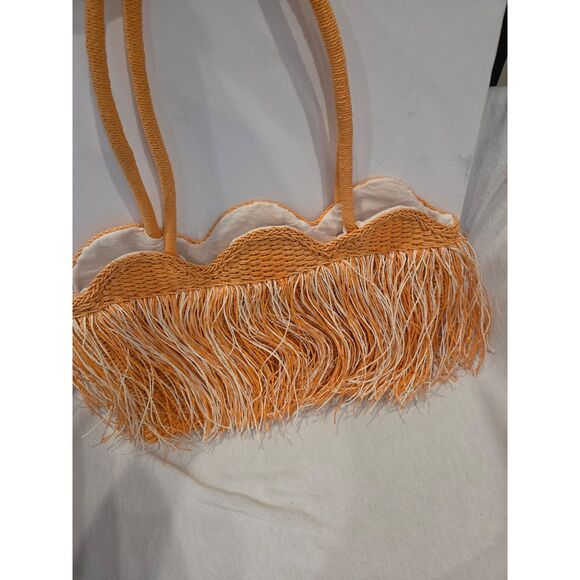 unbranded Handbags - Orange Straw Fringe Tote Bag Scalloped Boho Beach Resortwear